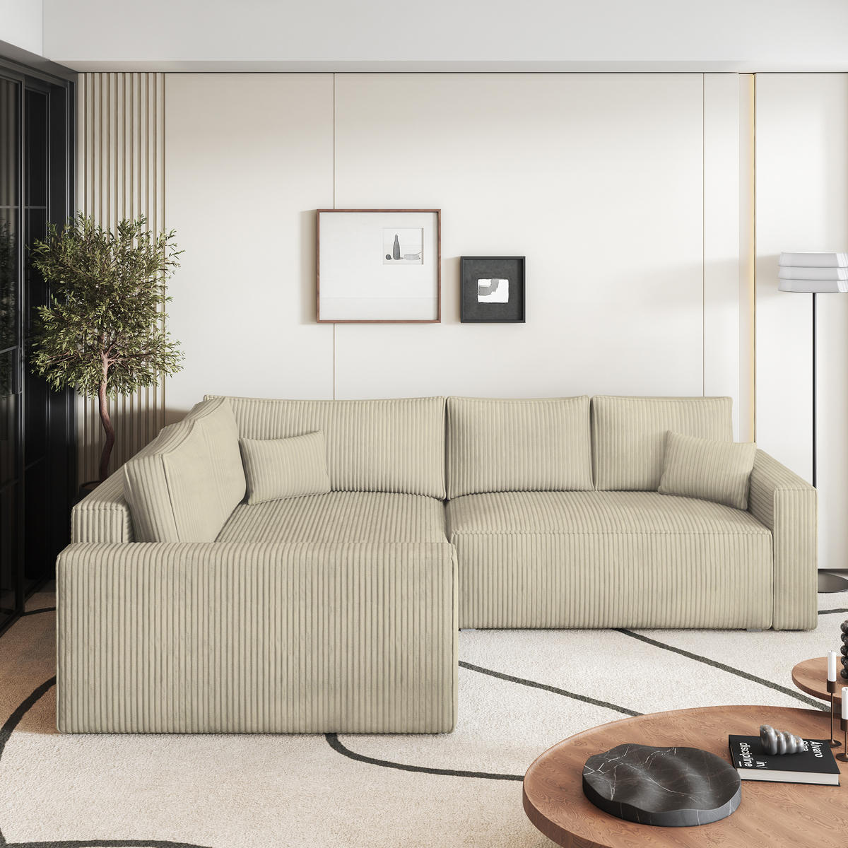 ECKSOFA ERONIS L-S Creme Kordstoff mit Schlaffunktion - Creme, Holz (265/194cm) - MASSENO