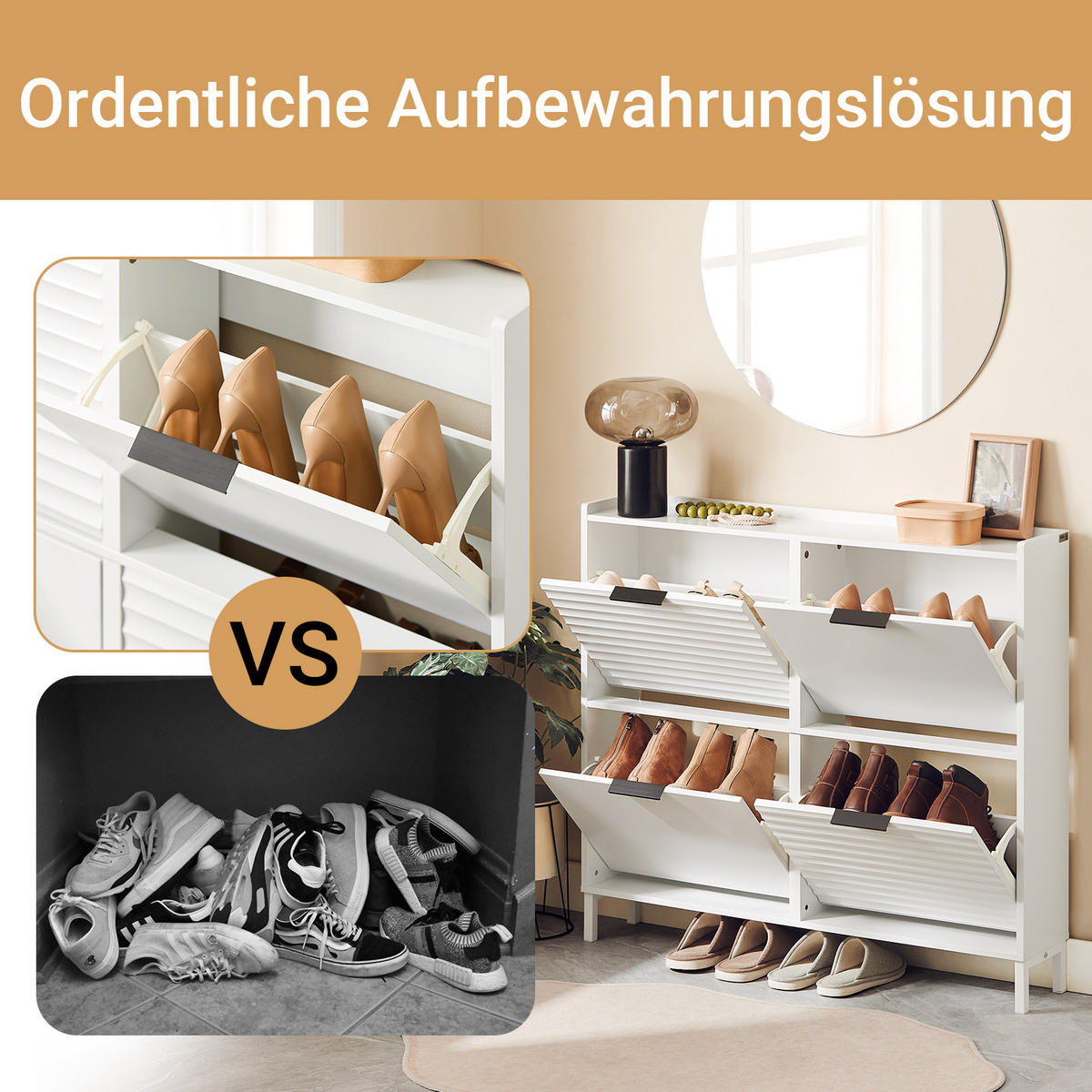 SCHUHSCHRANK mit 4 Klappen, für 8-12 Paar Schuhe, Weiß - Weiß, Holzwerkstoff/Metall (100/90/19cm) - SoBuy
