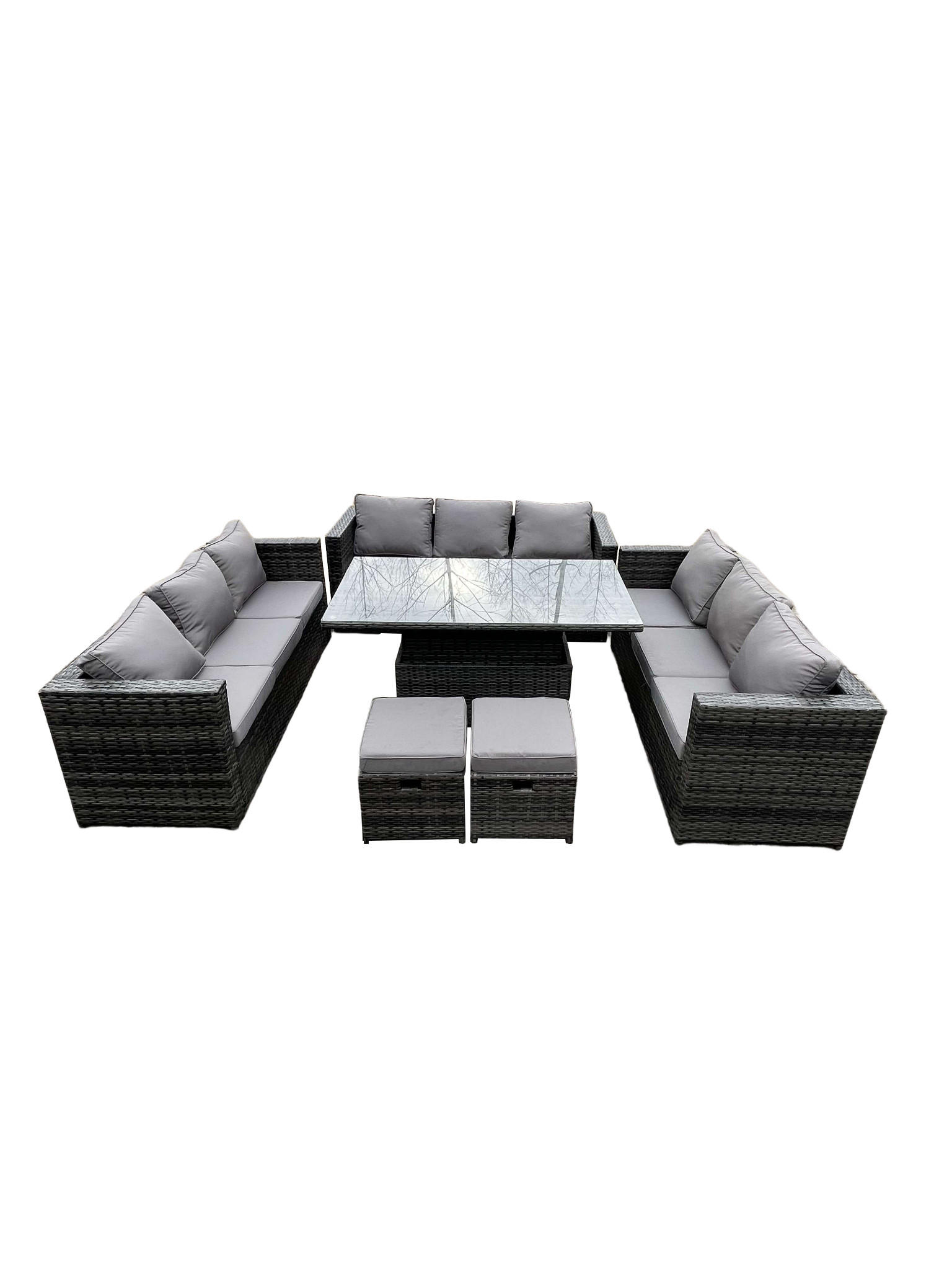 SITZGRUPPE Polyrattan 11-Sitzer - Dunkelgrau/Grau, Glas/Kunststoff - Fimous