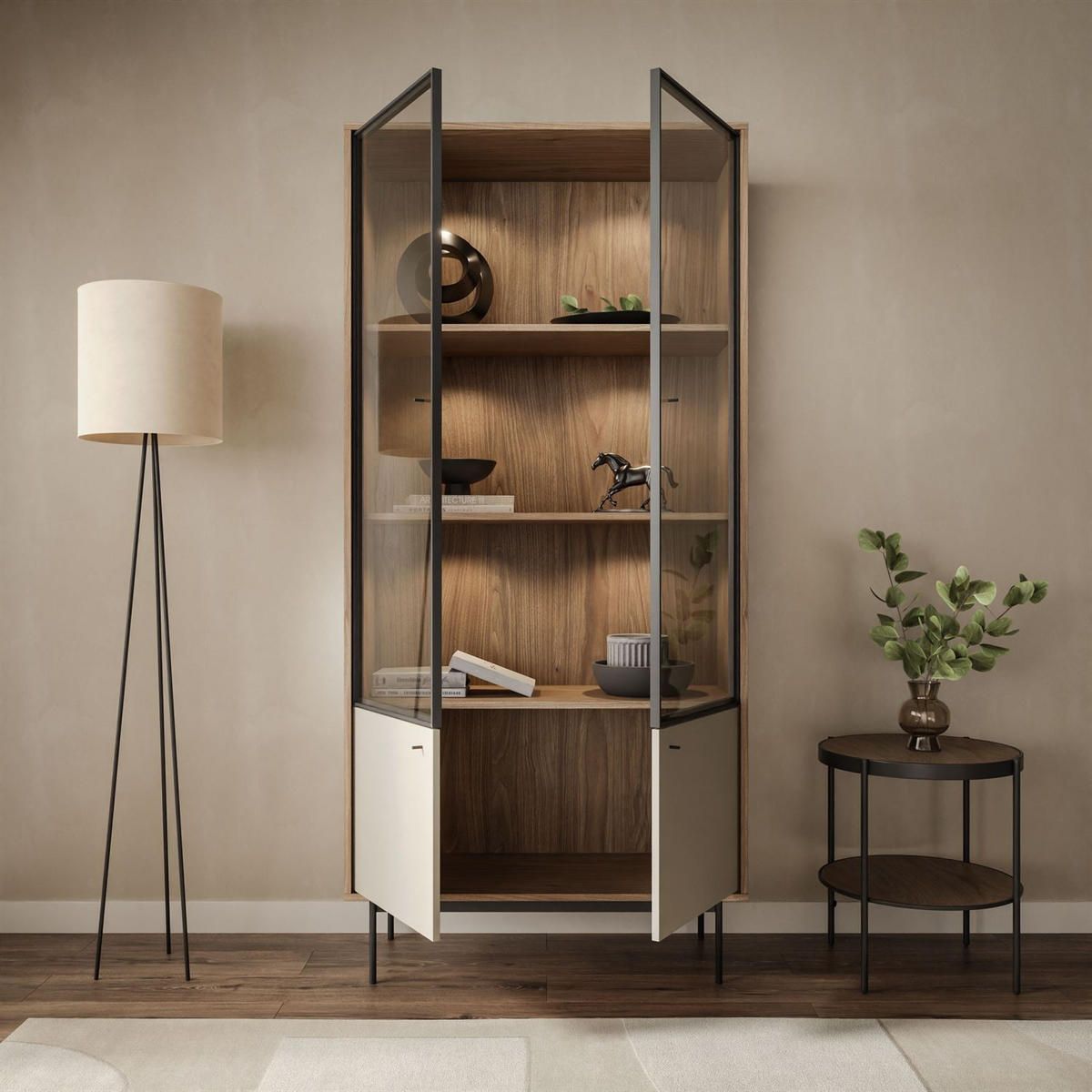 VITRINE ISA, zweitürig mit LED-Beleuchtung - Eichefarben, Holzwerkstoff (90/193/40cm) - Lookway