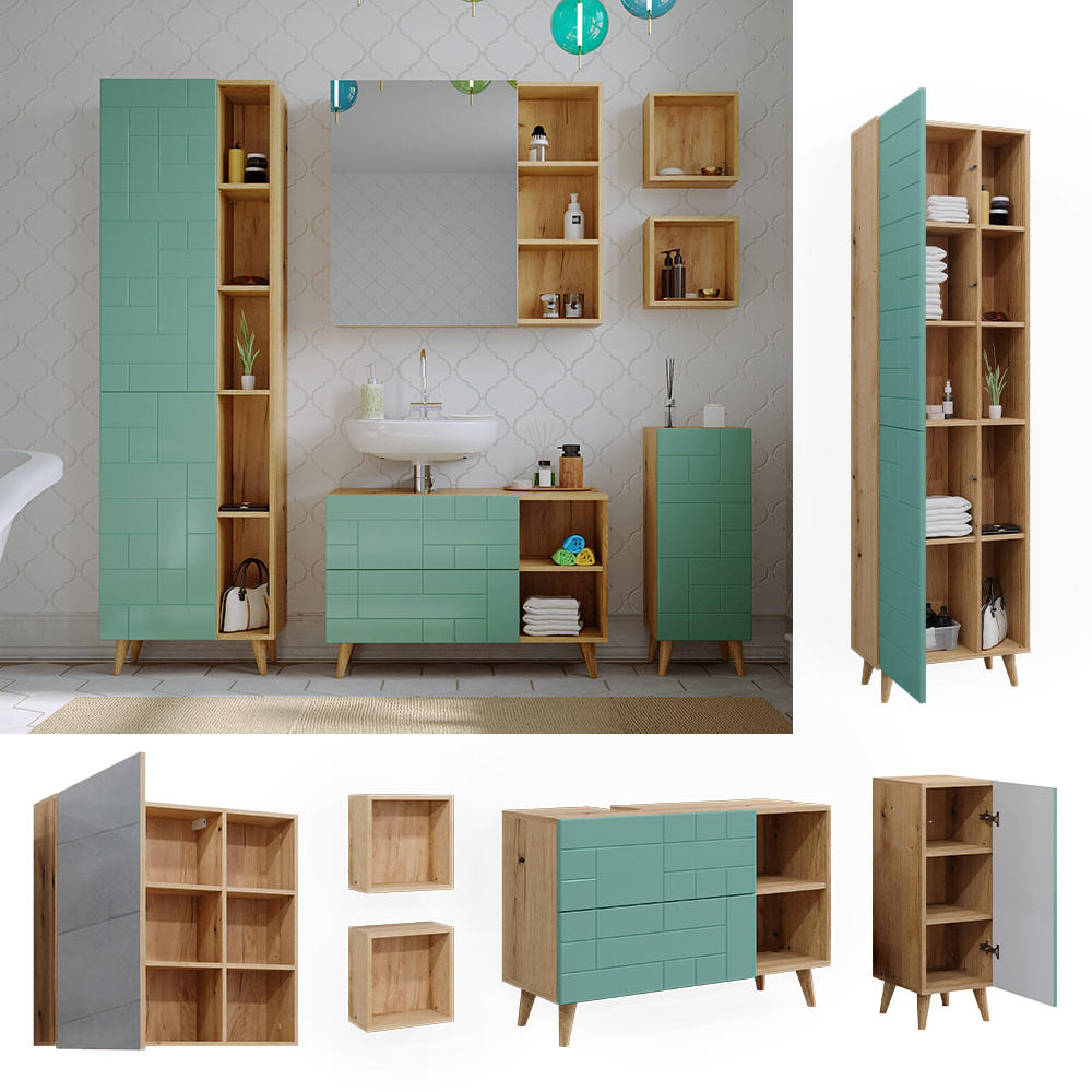 BADMÖBEL-SET Rudi Mintgrün 6 Teile, mit Hochschrank - Eichefarben/Mintgrün, Holzwerkstoff (90/59/32cm) - Vicco