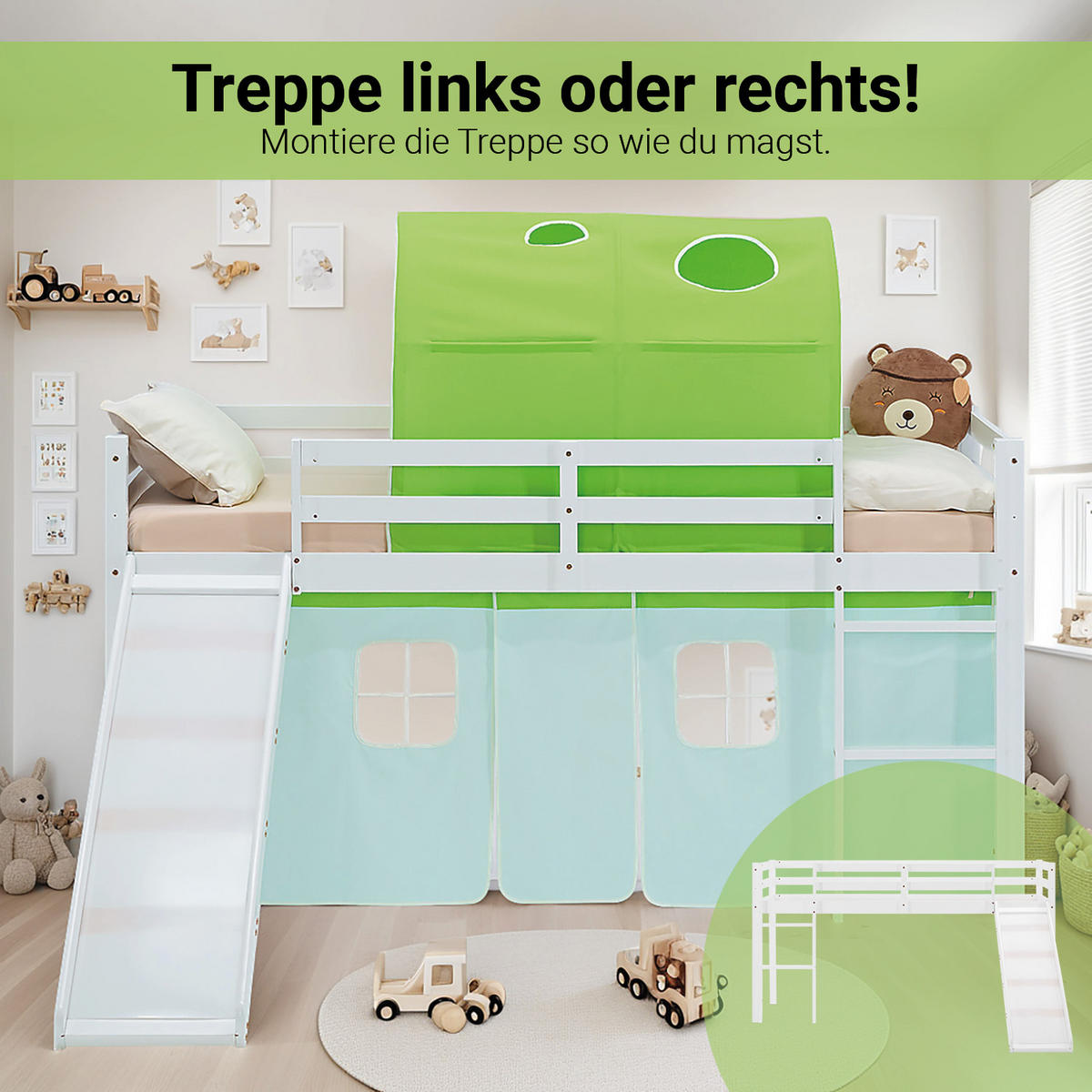 HOCHBETT 90/200 cm in Weiß Grün mit Rutsche Lattenrost - Weiß/Grün, Holz/Textil (90/200cm) - Homestyle4u
