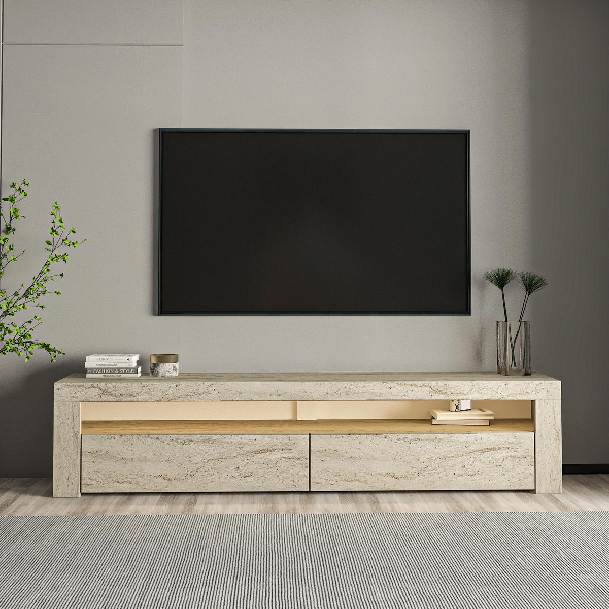 TV LOWBOARD Bati Granitoptik mit Travertin LED-Leuchten 93311 - Beige, Holzwerkstoff (150/47/37cm) - moebel17