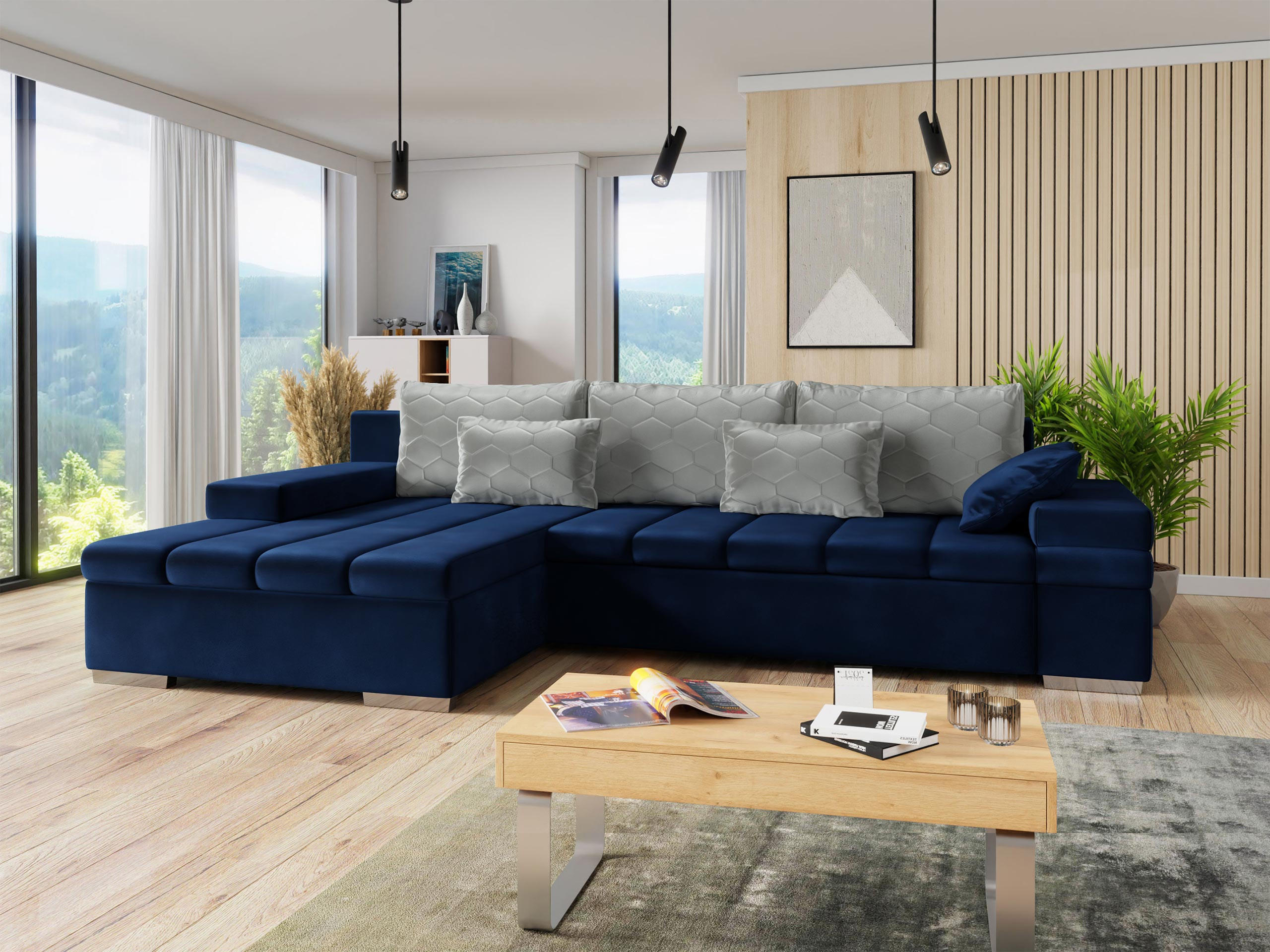 ECKSOFA Bangkok Premium, Seite: Links - Silberfarben/Dunkelblau, Holz/Textil (310/175cm) - MIRJAN24