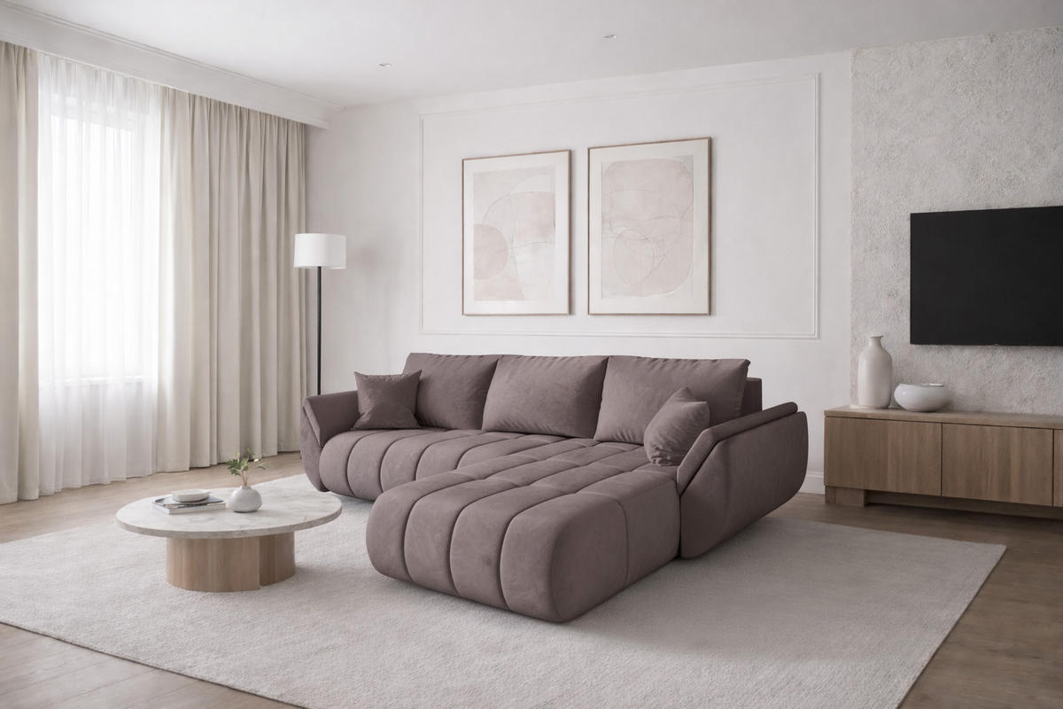 ECKSOFA TOKYO PREMIUM mit Schlaffunktion, Stoff MONOLITH, Lila, Rechts - Lila, Holz (280/190cm) - Kaiser Möbel