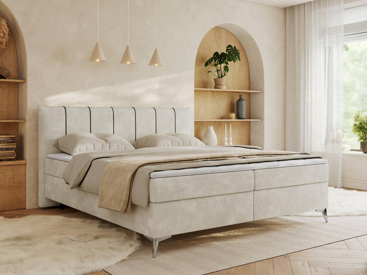 BOXBETT DRINEA 160/200 - Hellbeige Velours - H4 - Beige, Textil (160/200cm) - MKS
