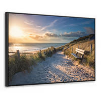 LEINWAND Bilder mit Rahmen - Sonnenuntergang - Strand - Düne - Gras - Ufer - 120x80 - Sandfarben, Textil (120/80cm) - MuchoWow