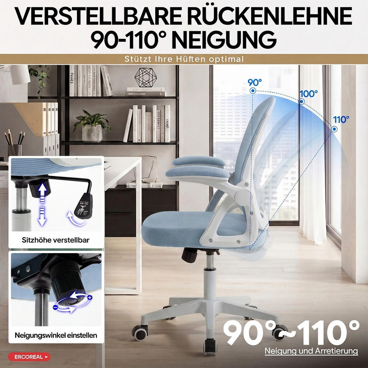 DREHSTUHL Hellblau mit Verstellbare Rückenlehne (90–110°) und klappbare Armlehnen (90°) - Hellblau, Textil (56/102.5/60.5cm) - Oxeza