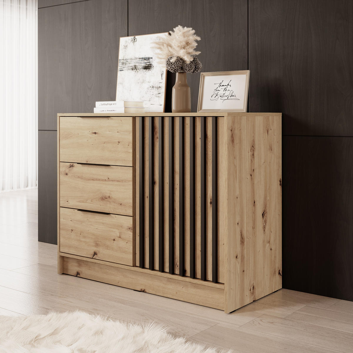 KOMMODE Stilo 105 cm in Eiche Artisan + schwarze Lamellen - Schwarz/Eiche Artisan, Holz/Holzwerkstoff (105/86/45cm) - Ravio