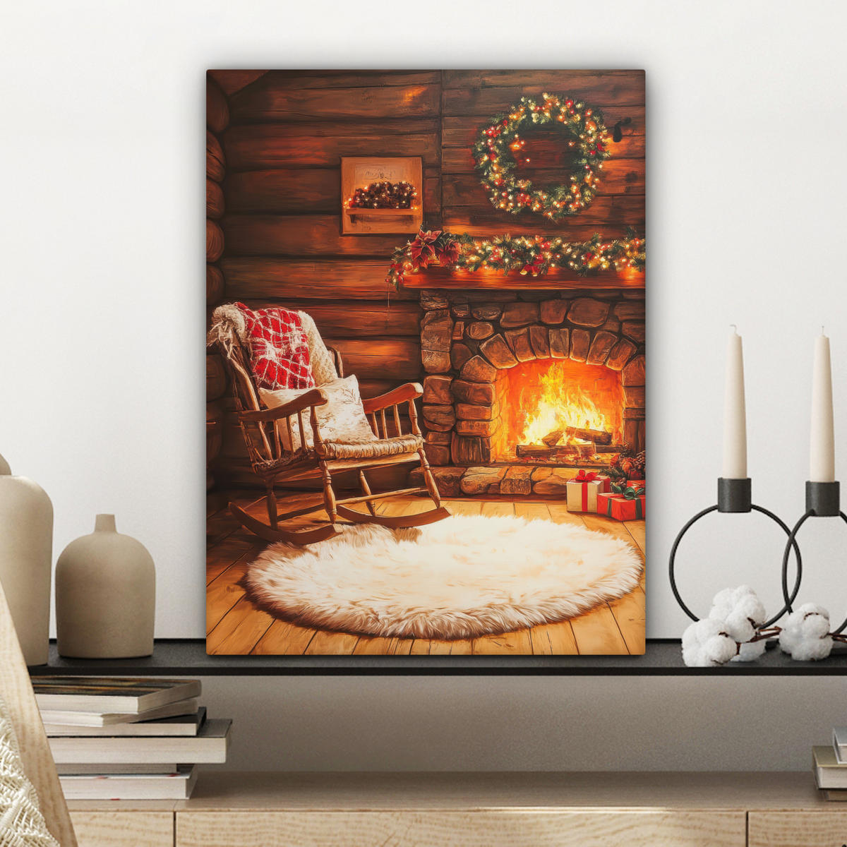 LEINWANDBILD Winter - Weihnachten - Zuhause - Kamin Room Decor 30x40 cm - Bernsteinfarben, Textil (30/40cm) - MuchoWow