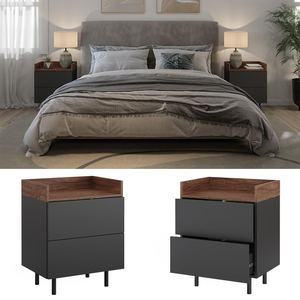 NACHTTISCH Anika Anthrazit 54 x 68 cm 2er Set - Anthrazit/Walnussfarben, Holzwerkstoff (54/68/40cm) - Vicco