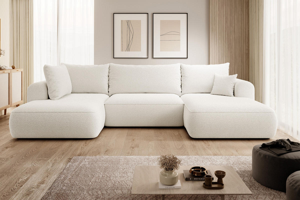 WOHNLANDSCHAFT Ovo Creme Boucle - Creme/Schwarz, Textil (375/95/185cm) - Selsey