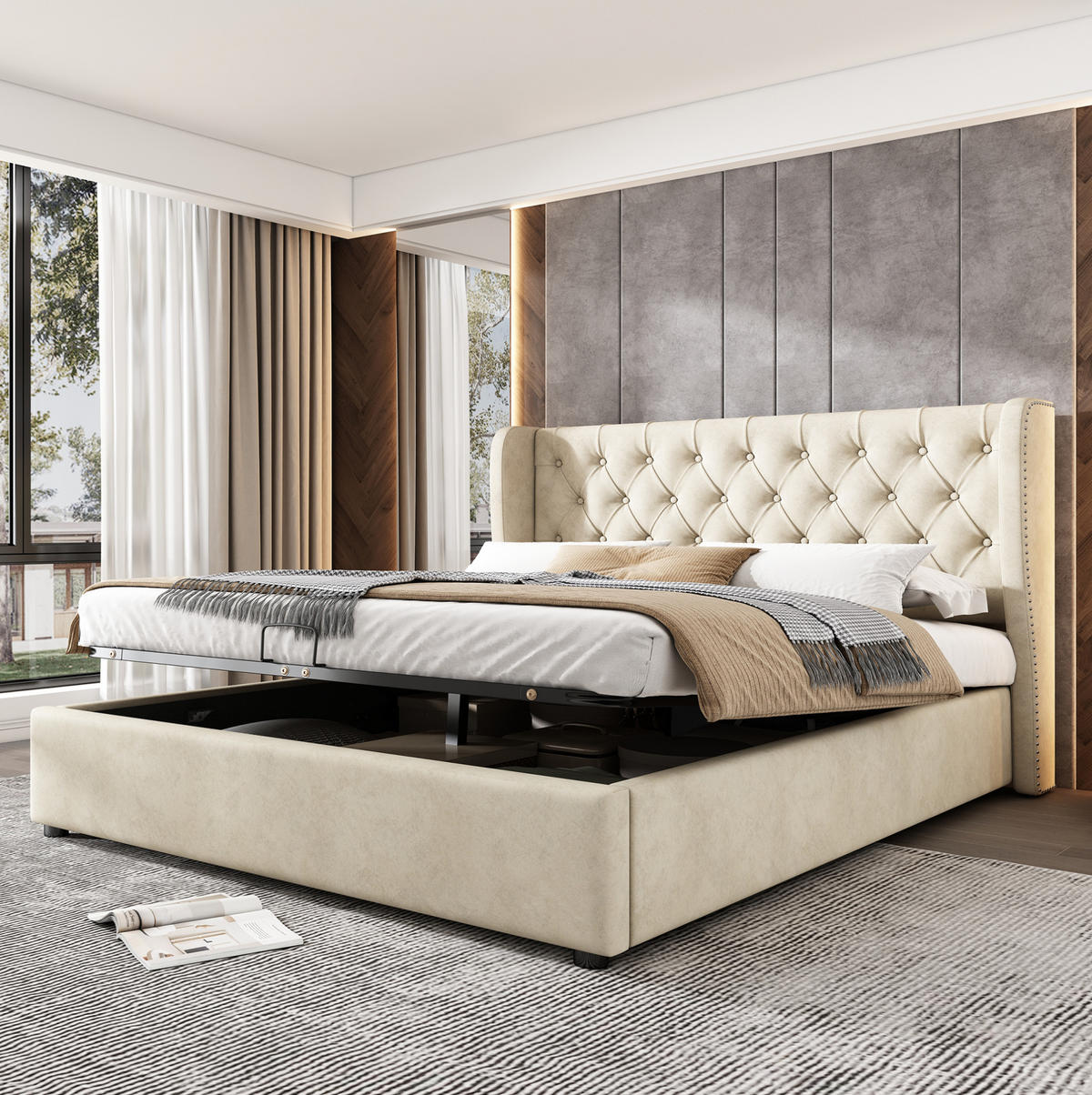 POLSTERBETT 160/200 cm aus Samt mit Bettkasten, beige - Beige, Textil (160/200cm) - Flora Grace