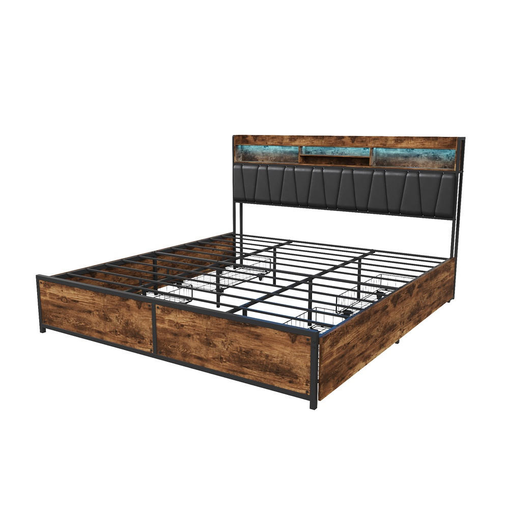 METALLBETT 180x200 cm mit 4 Schubladen - Kopfteil mit offenem Stauraum - LED Beleuchtung & integrierte Ladestation - Schwarz, Metall (180/200cm) - DELFA