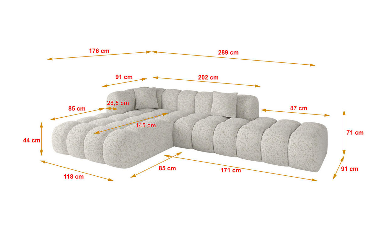 ECKSOFA Ottomane Links OLEA-L2 - 289x176x71 cm Hellgrau - Hellgrau/Schwarz, Holzwerkstoff/Kunststoff (289/176cm)