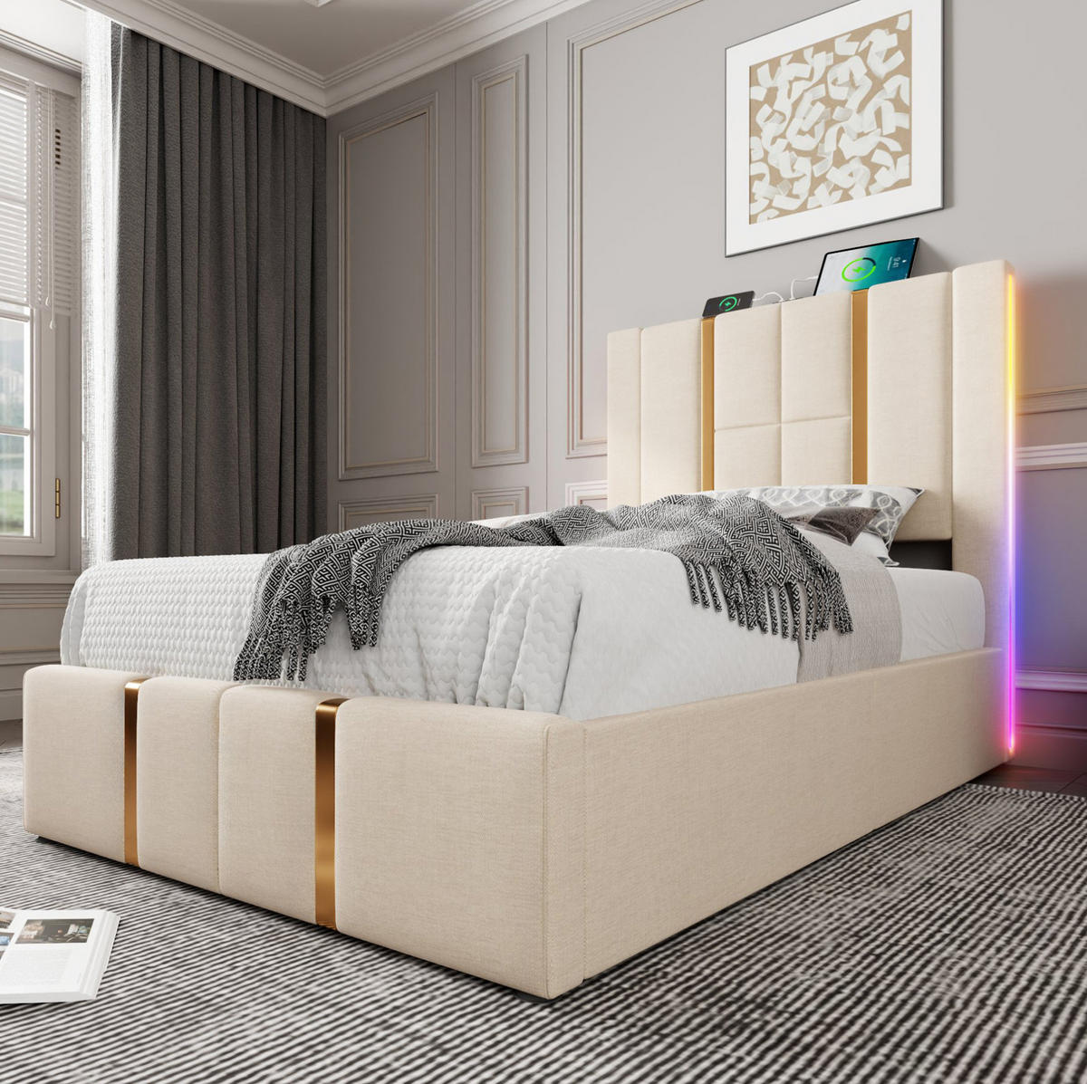 OBLAZINJENA postelja 90/200 cm z LED osvetlitvijo, USB-C polnjenjem in dvižnim prostorom, Bež - bež, tekstil (90/200cm) - Redom