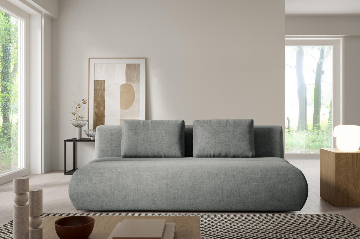 BETTSOFA ATOMO Grau Chenille-Stoff mit Schlaffunktion - Grau, Holz (217/82/134cm) - MASSENO