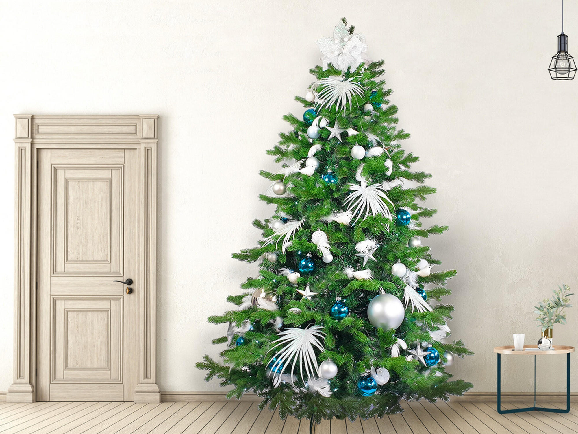 LAALU WEIHNACHTSBAUM geschmückt künstlich mit 215 Ornamenten POLAR BLUE II 500 cm Baum mit Ständer und Weihnachtsschmuck - Blau/Silberfarben, Kunststoff (500cm) - LAALU