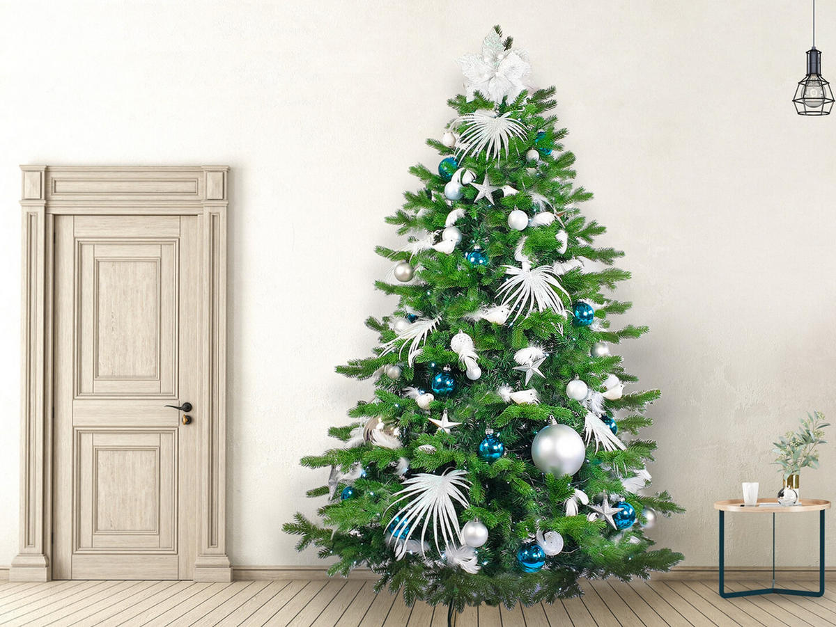 LAALU WEIHNACHTSBAUM geschmückt künstlich mit 215 Ornamenten POLAR BLUE II 500 cm Baum mit Ständer und Weihnachtsschmuck - Blau/Silberfarben, Kunststoff (500cm) - LAALU