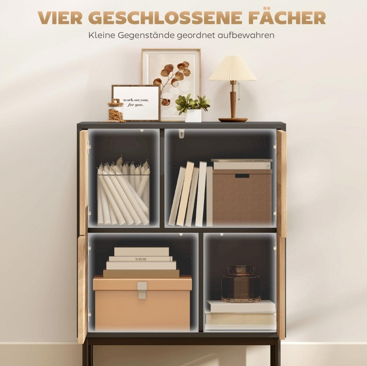 SIDEBOARD mit Push-to-open-Funktion, 4 geschlossenen Fächern und Metallbeinen aus MDF-Holzwerkstoff, Schwarz/Naturholzoptik - Schwarz, Holz (60/78/35cm) - Redom