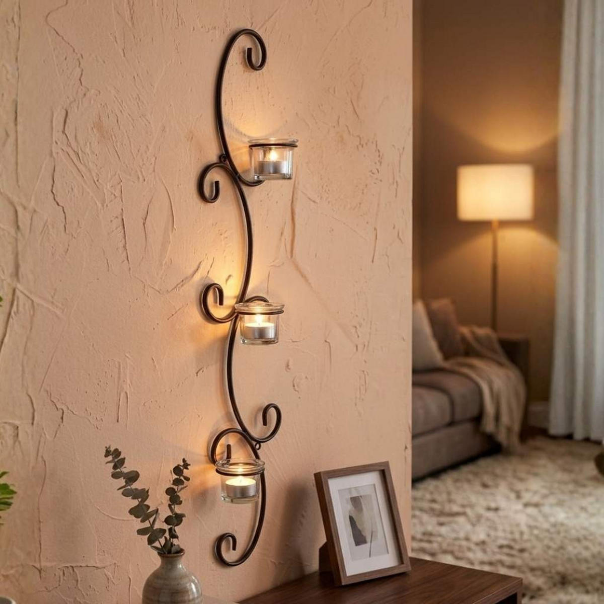 WANDTEELICHTHALTER 3-flammig Metall Schwarz 15/7/68 cm - Schwarz, Metall (68cm) - DanDiBo