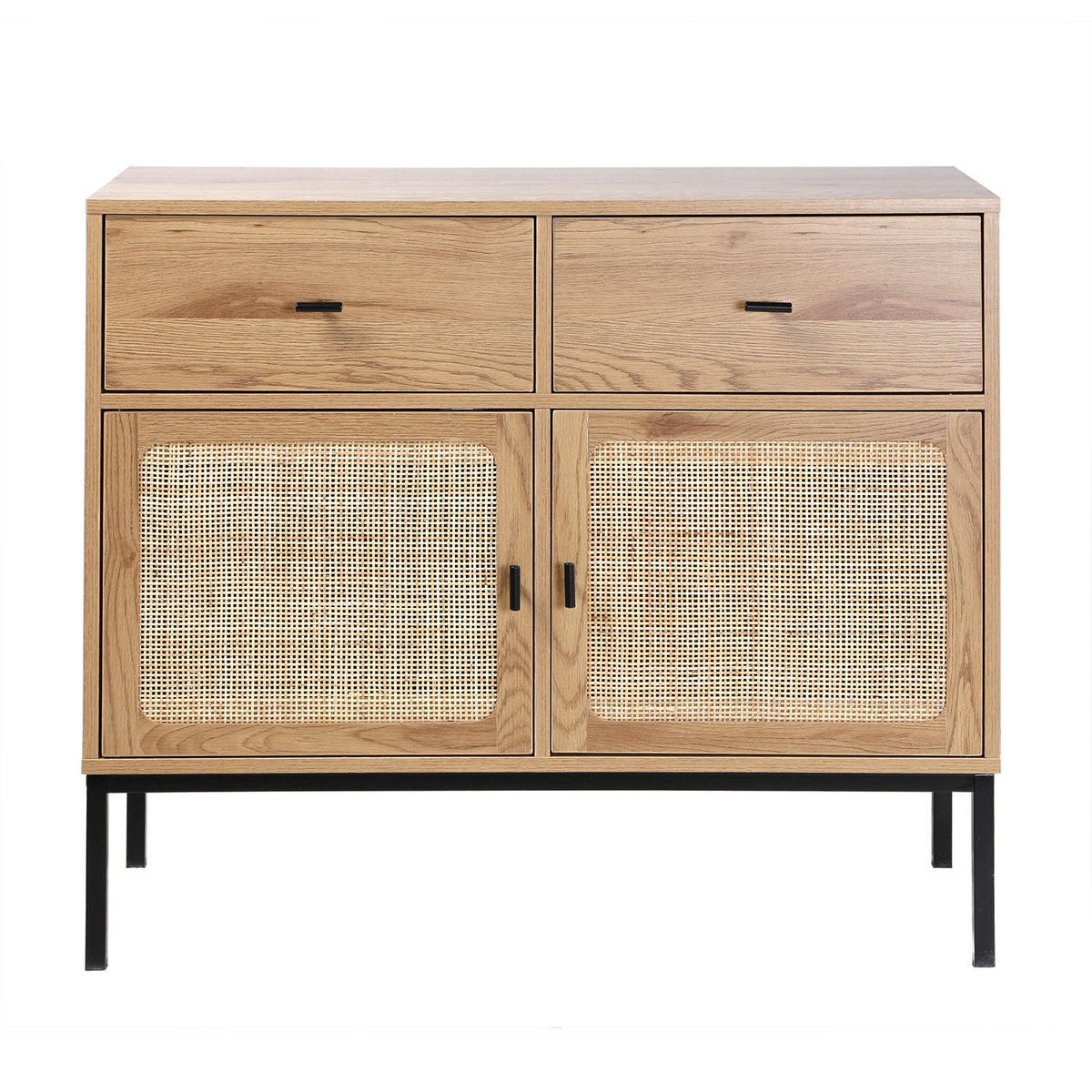 KOMMODE 2 Türen und 2 Schubladen mit Rattangeflecht - L90cm - Eichefarben, Holzwerkstoff (39/79/90cm) - Calicosy