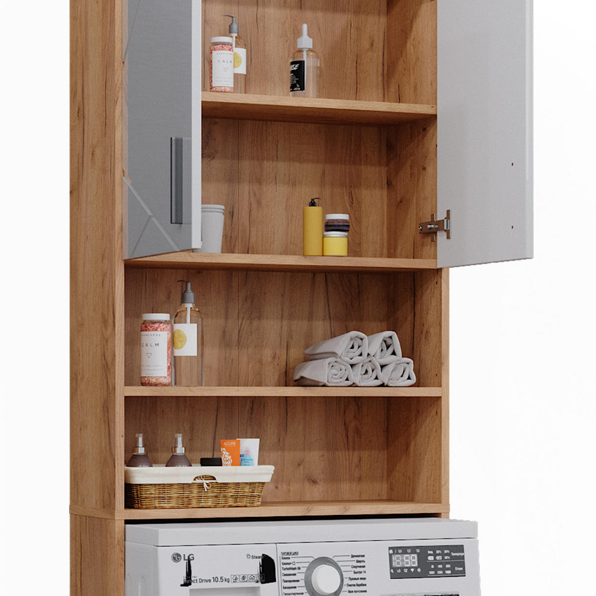 WASCHMASCHINENSCHRANK Irma Weiß Hochglanz/Goldkraft Eiche 64 x 190.5 cm - Weiß Hochglanz/Eiche Wotan, Holzwerkstoff (64/190.5/26cm) - Vicco