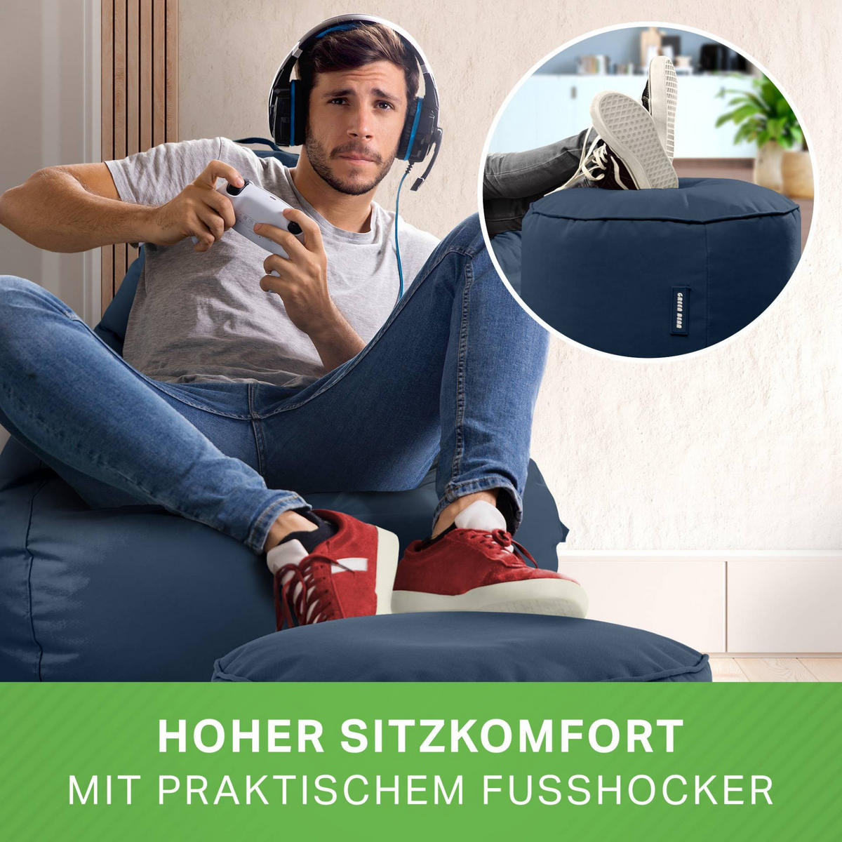 SITZSACK + Hocker "Cozy+Stay" 2er Set - Dunkelblau, Textil (70/90/80cm) - Green Bean