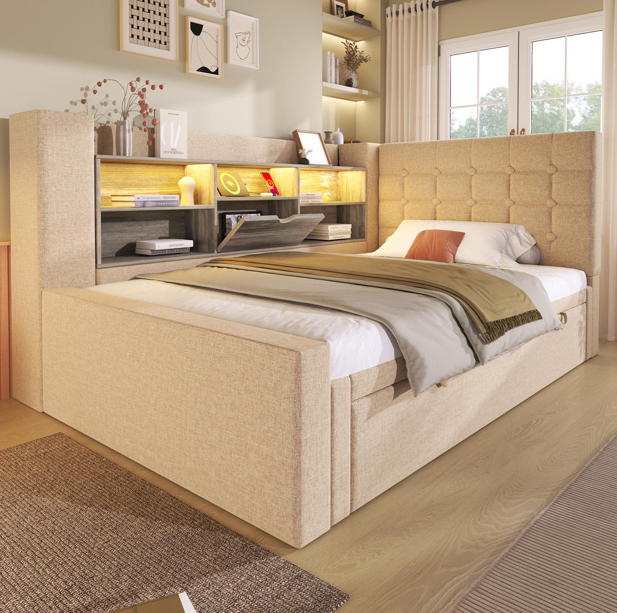 POLSTERBETT 90/200 cm Beige aus Leinen mit Ausziehbett - Beige, Textil (90/200cm) - OKMYHOME