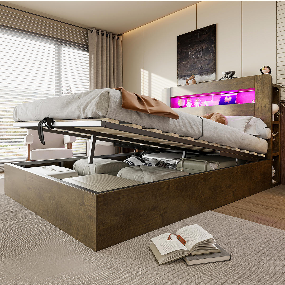 BETT 140/200 cm in Vintage-Holz mit Stauraum, LED und Steckdosen - Nussbaumfarben, Holz/Holzwerkstoff (140/200cm) - WISHDOR