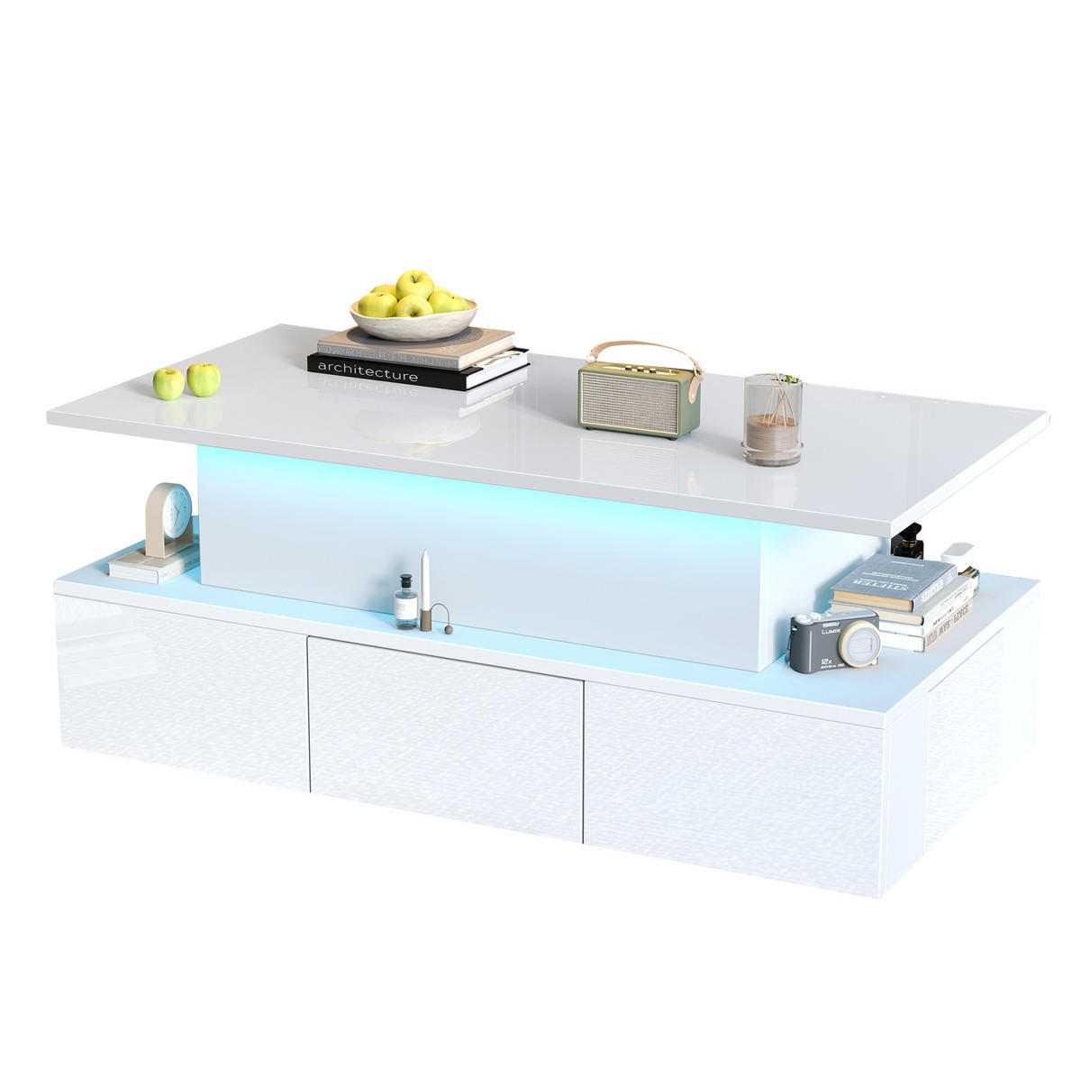 COUCHTISCH 100/50/40 cm in Weiß mit Liftfunktion und LED-Beleuchtung - Weiß, Holzwerkstoff (100/50/40cm) - Flora Grace
