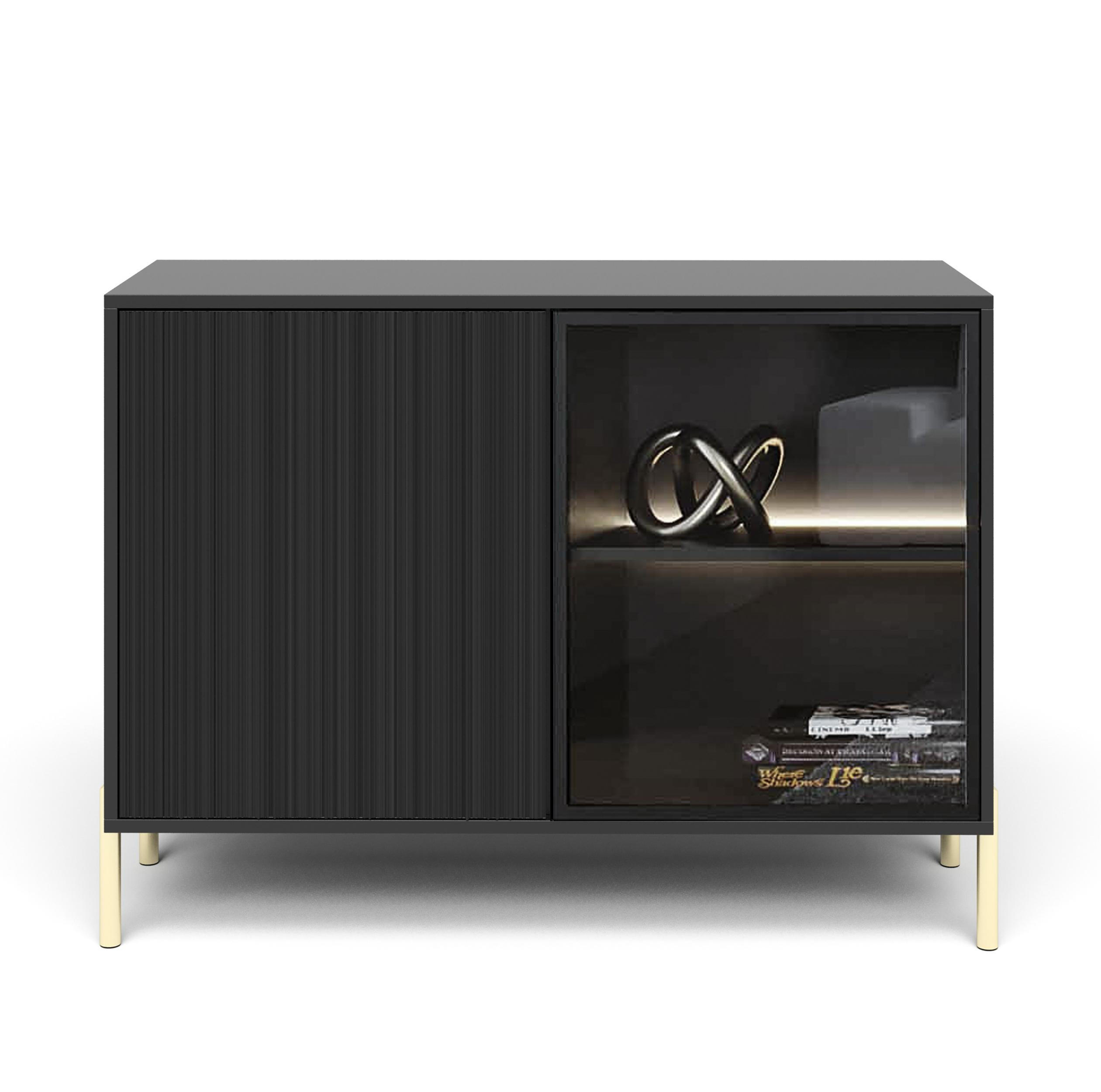 SIDEBOARD Benvie 2T Schwarz 104/80/38 cm – mit Glastüren und goldenen Beinen - Goldfarben/Schwarz, Holzwerkstoff (104/80/38cm) - AX Living