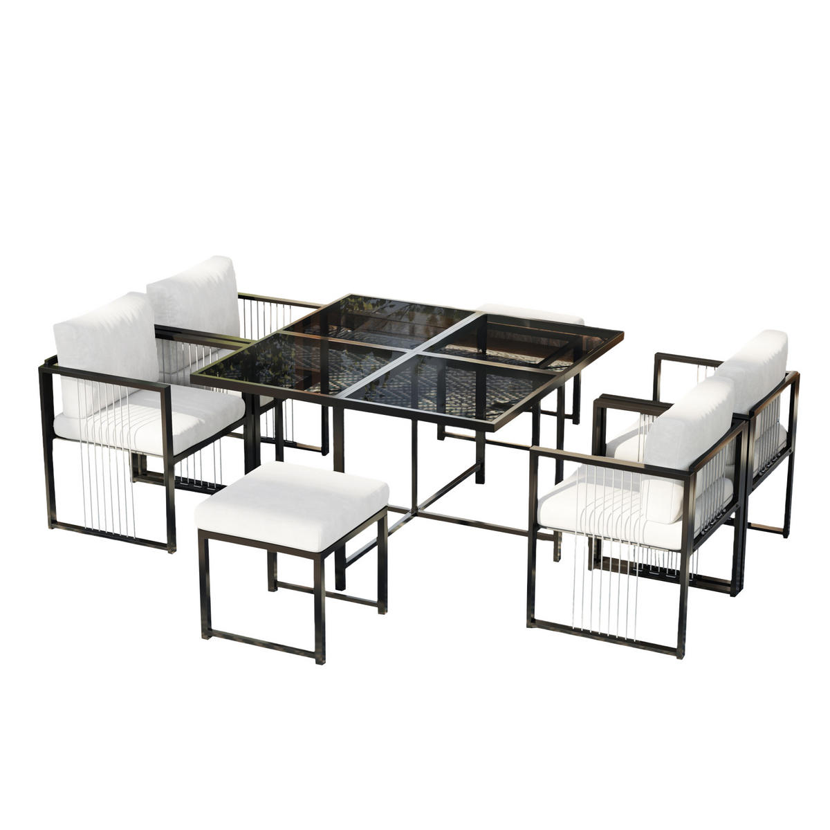 GARTENMÖBELSET 117/117 cm schwarz/weiß aus Metall und Glas mit Kissen - Schwarz, Metall - OKWISH
