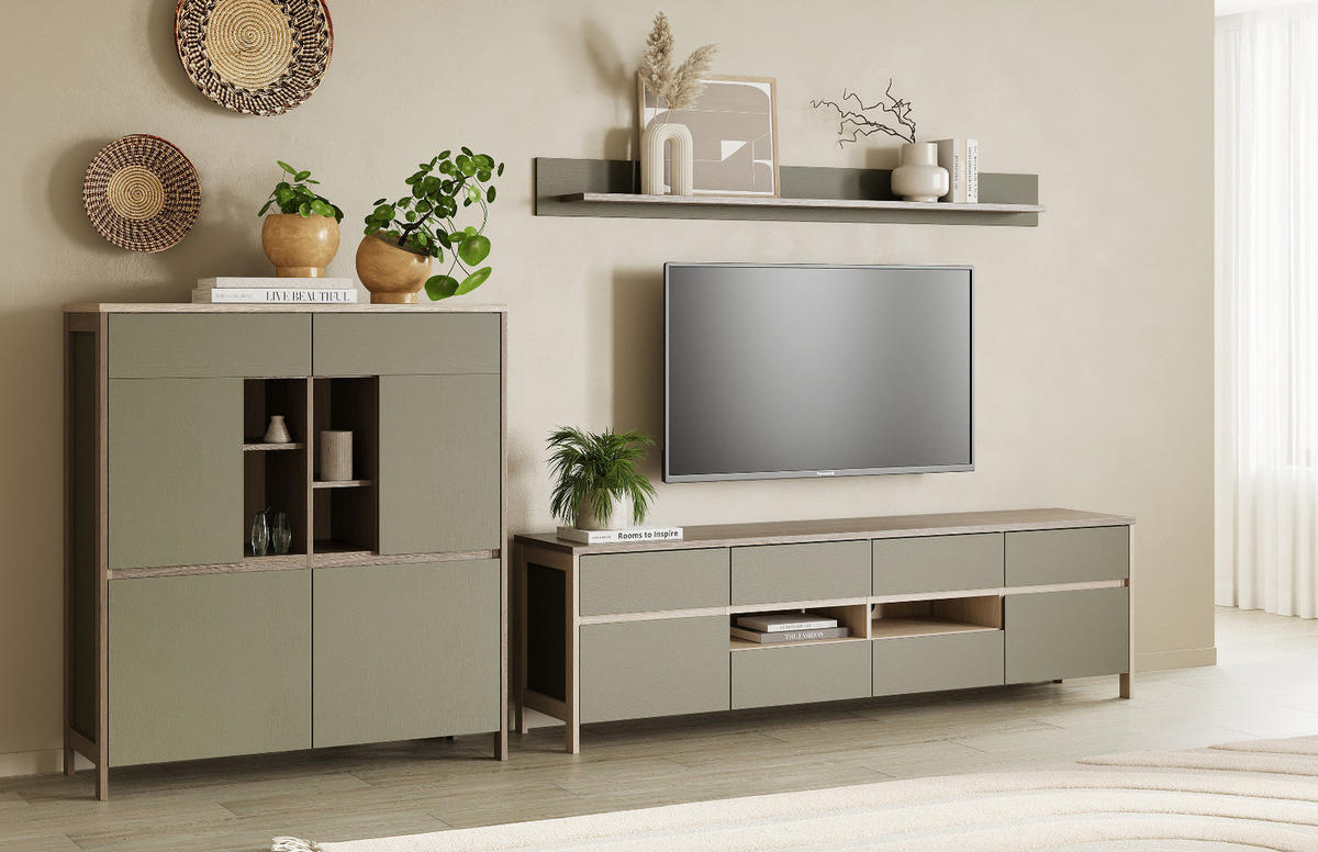 WOHNWAND Salbei grün, Eiche, Wohnkombination skandinavisch 3-teilig 319 cm, Soft-Close - Eichefarben/Salbeigrün, Glas/Holzwerkstoff (319/170/39cm) - Furn.Design