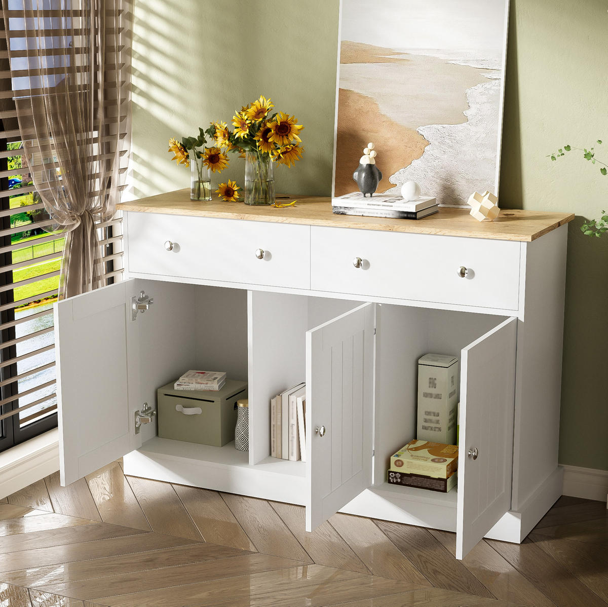 SIDEBOARD 120/36/80,5 cm Weiß/Holzfarbe aus Spanplatte mit 3 Türen - Weiß, Holzwerkstoff (120/80.5/36cm) - OKWISH