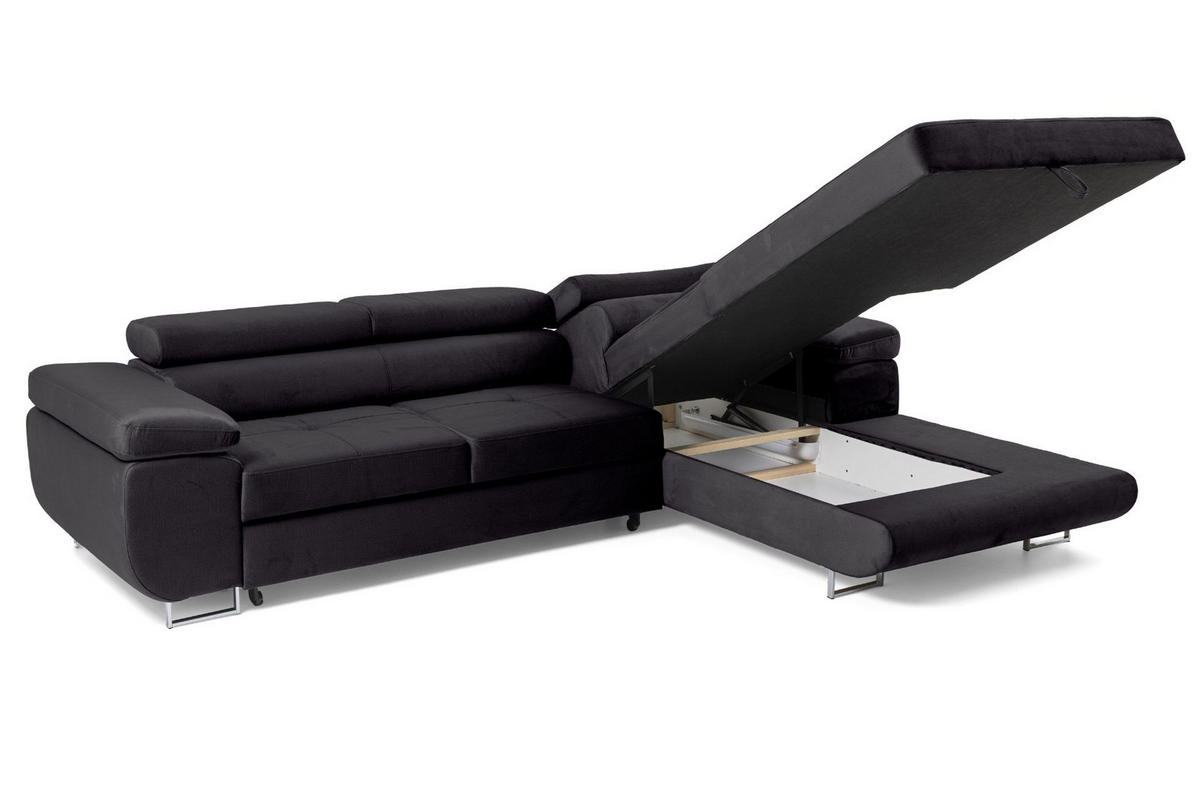 ECKSOFA ALONZO L Rechts mit Schlaffunktion 125x195 Velours Schwarz - Silberfarben/Schwarz, Holz/Textil (203/275cm) - Muffo