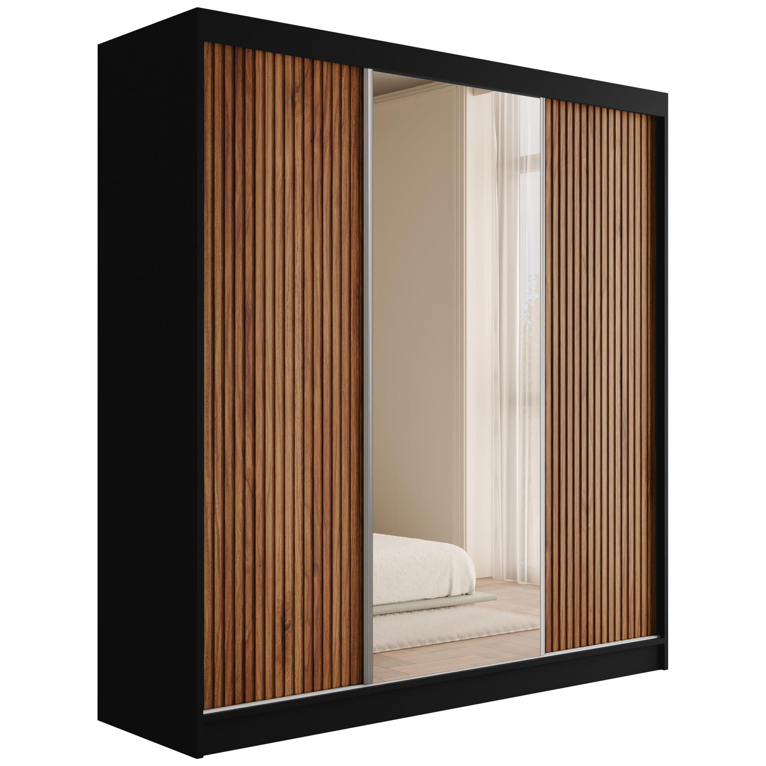 KLEIDERSCHRANK mit Spiegel V2-PRESTIG 215x200 cm - Schwarz|Braun - Schwarz/Braun, Holzwerkstoff (200/215/61cm) - ALTDECOR