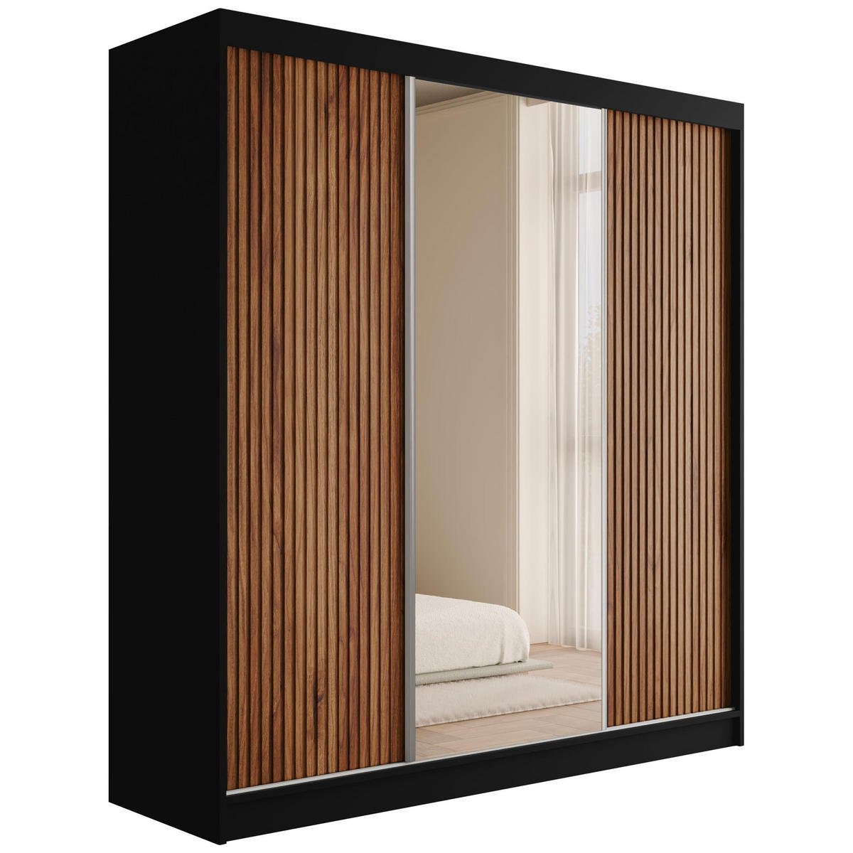 KLEIDERSCHRANK mit Spiegel V2-PRESTIG 215x200 cm - Schwarz|Braun - Schwarz/Braun, Holzwerkstoff (200/215/61cm) - ALTDECOR