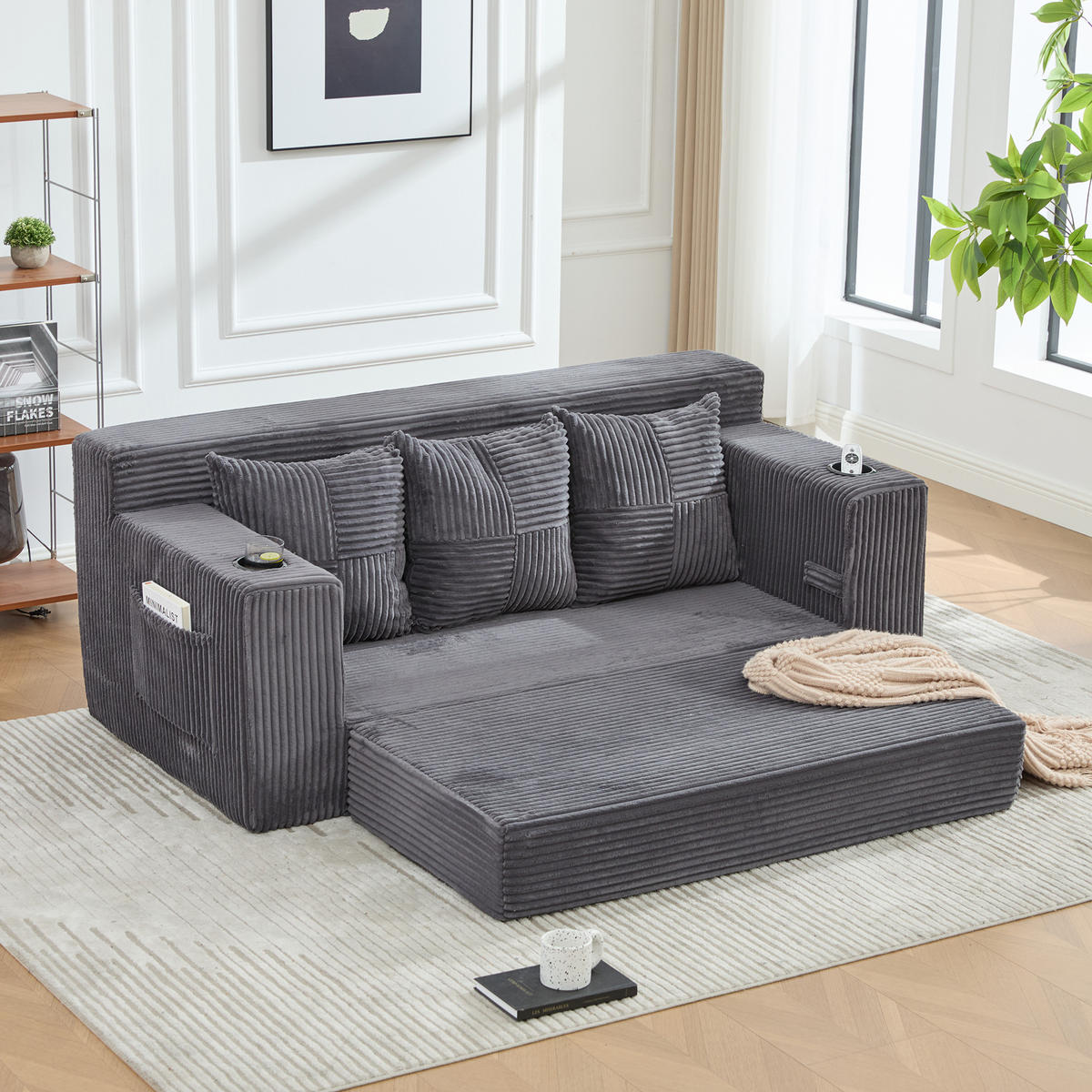 SCHLAFSOFA Modular mit Getränkehaltern und Seitentaschen, DE-42913, Grau - Grau, Textil (172/64/87cm) - ComfortXL