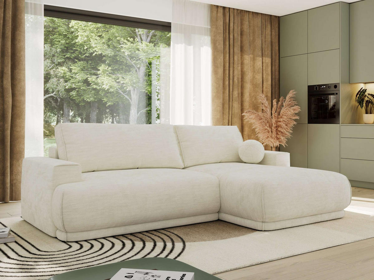 ECKSCHLAFSOFA RINA L Creme Schenille glatt - rechts - Creme/Schwarz, Kunststoff/Textil (170/267cm) - MKS