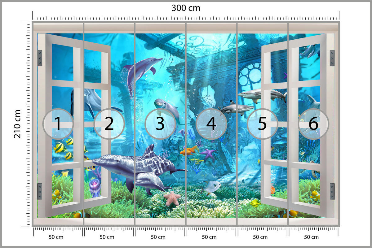 FOTOTAPETE für Schlafzimmer Fenster Unterwasserwelt Delfine Riff 300x210 - Blau/Weiß, Papier (300/210cm) - Muralo