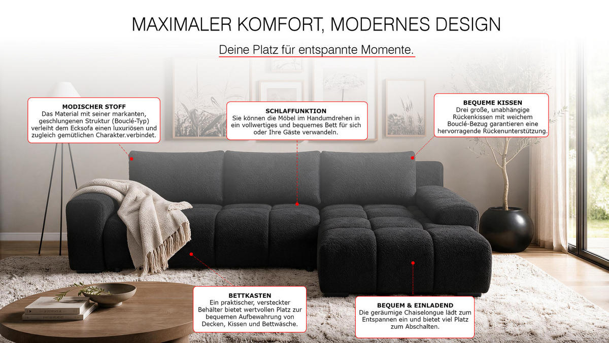 ECKSOFA Ovia mit Bettkasten und Schlaffunktion, Bouclé-Stoff in L-Form - Schwarz, Textil (270/185cm)