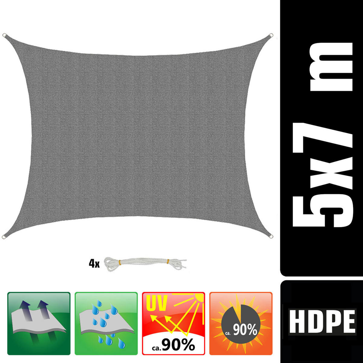SONNENSEGEL Luftdurchlässig 700/500 cm Grau - Grau, Kunststoff (500/700cm) - Amanka