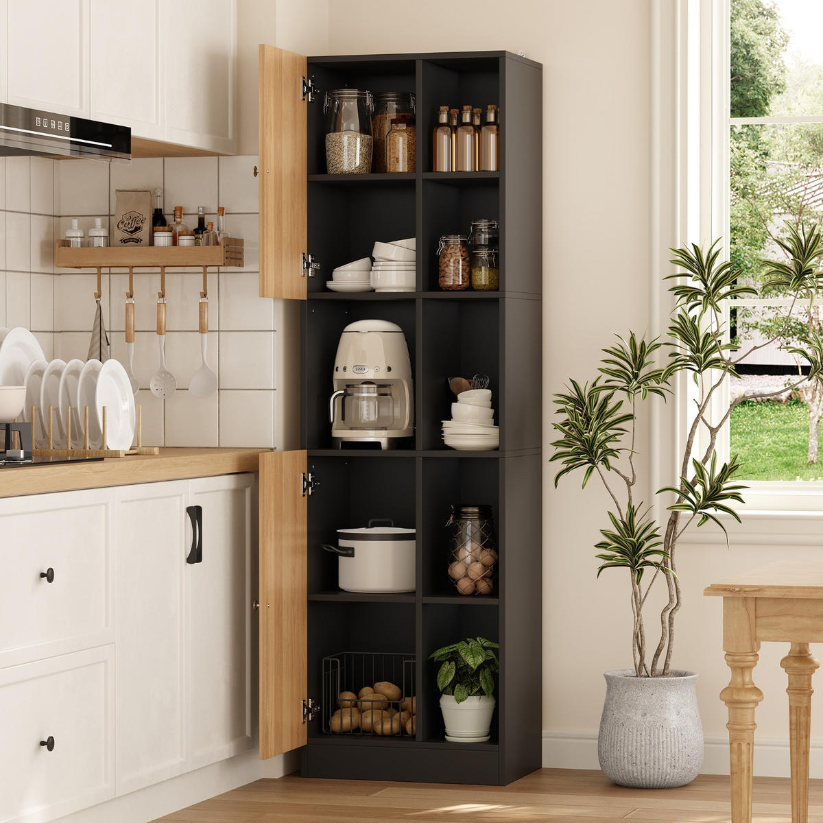 KÜCHENSCHRANK, 50/170/35,5 cm, MDF, Anthrazit-Eiche, mit 6 offenen Regalen und 2 Türen, für Esszimmer - Schwarz, Holzwerkstoff (35.5/170/50cm) - Rolipo