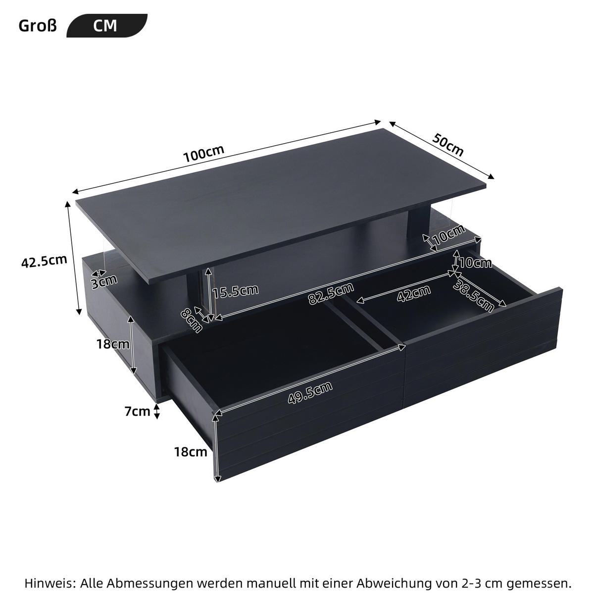 COUCHTISCH 100/50/42 cm in Schwarz mit LED-Beleuchtung und 2 Schubladen - Schwarz, Holzwerkstoff (100/50/42.5cm) - Flora Grace