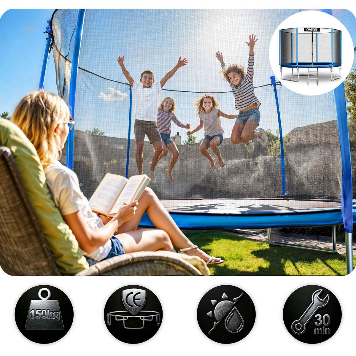 GARTENTRAMPOLIN 10 ft/312 cm mit Außennetz und Leiter - Blau, Metall (312/312cm)