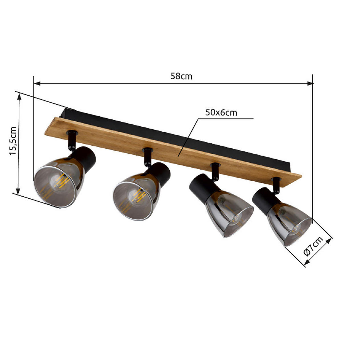 DECKENLEUCHTE Holz, Rauchglas, Schwarz, bewegliche Spots - Schwarz, Holz (50/7/15.5cm) - Globo Lighting