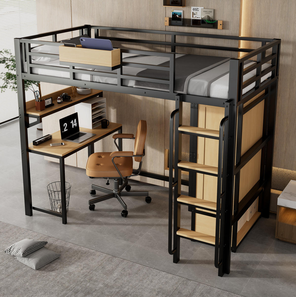 HOCHBETT 90/200 cm Schwarz/Natur aus Metall und Holzwerkstoff mit Kleiderschrank und Schreibtisch - Schwarz, Metall (90/200cm) - OKMYHOME