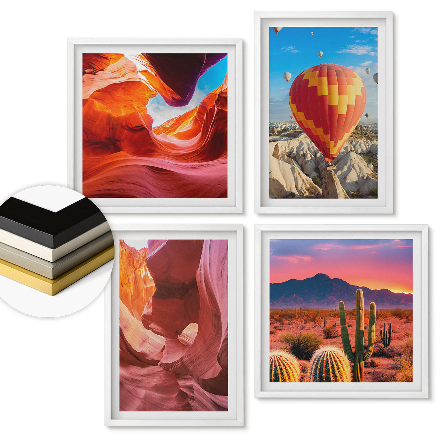 WANDBILDER 4er-Set - 50x50 cm & 40x60 cm Weißer Rahmen - Landschaften von Wüstenschluchten - Weiß, Kunststoff (50/50cm) - ArtPrintCave