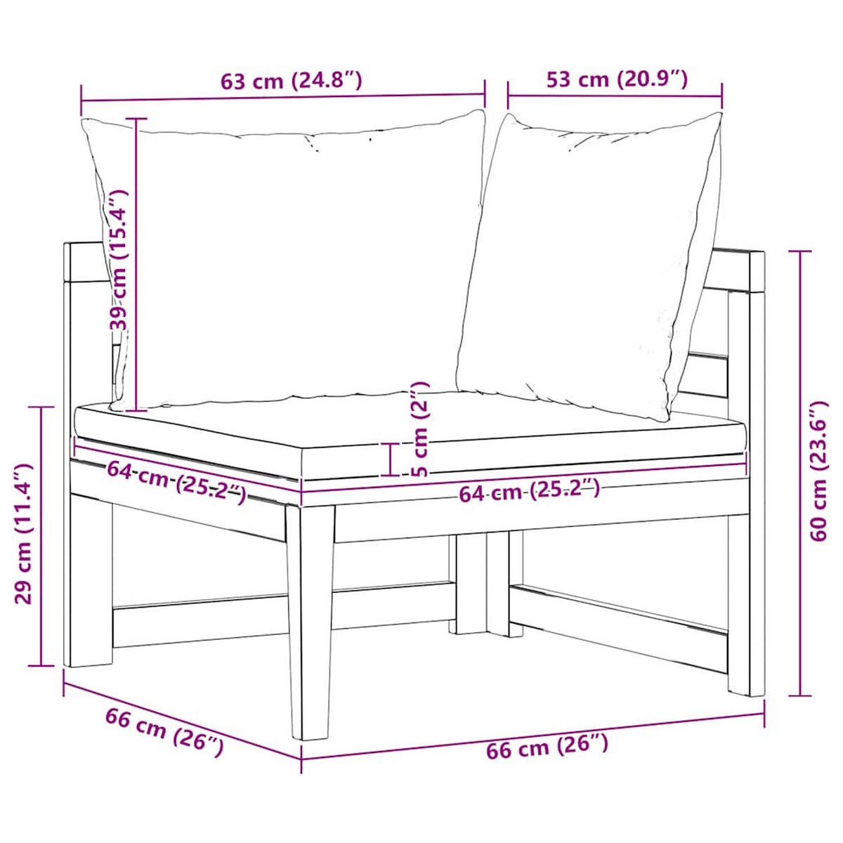 ECKSOFA mit Cremeweißen Kissen, 66/66/60 cm, aus massivem Akazienholz - Creme/Braun, Holz/Textil (66/60/66cm) - vidaXL
